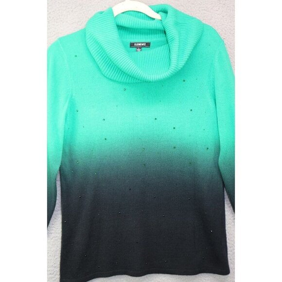 Elementz Cowl Neck 3/4 Sleeve Sequins Green Fade Sweater-Large-Boho-Festive - Picture 2 of 9